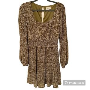 Olive Green Dotted Square Neck long sleeve dress